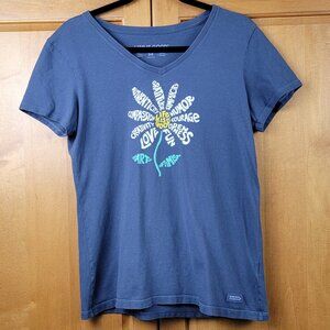 Life Is Good Blue Crusher V-Neck Optimism Superpower Daisy Short Sleeve Tee - M
